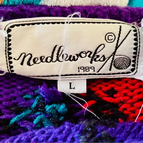 Vintage 80s Needleworks Sz L Floral Hand Knit Women's Sweater - Picture 8 of 10